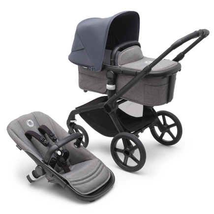 Bugaboo Fox 5 bassinet and seat pram with black chassis, grey melange fabrics and stormy blue sun canopy.