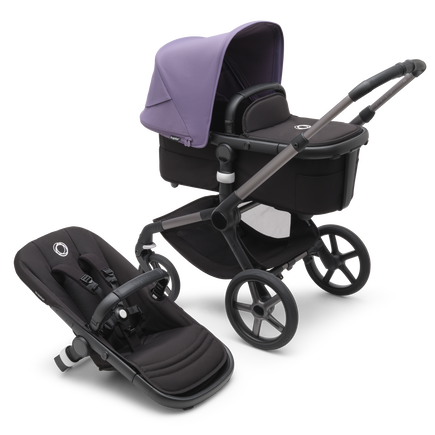 Bugaboo Fox 5 bassinet and seat stroller with graphite chassis, midnight black fabrics and astro purple sun canopy.