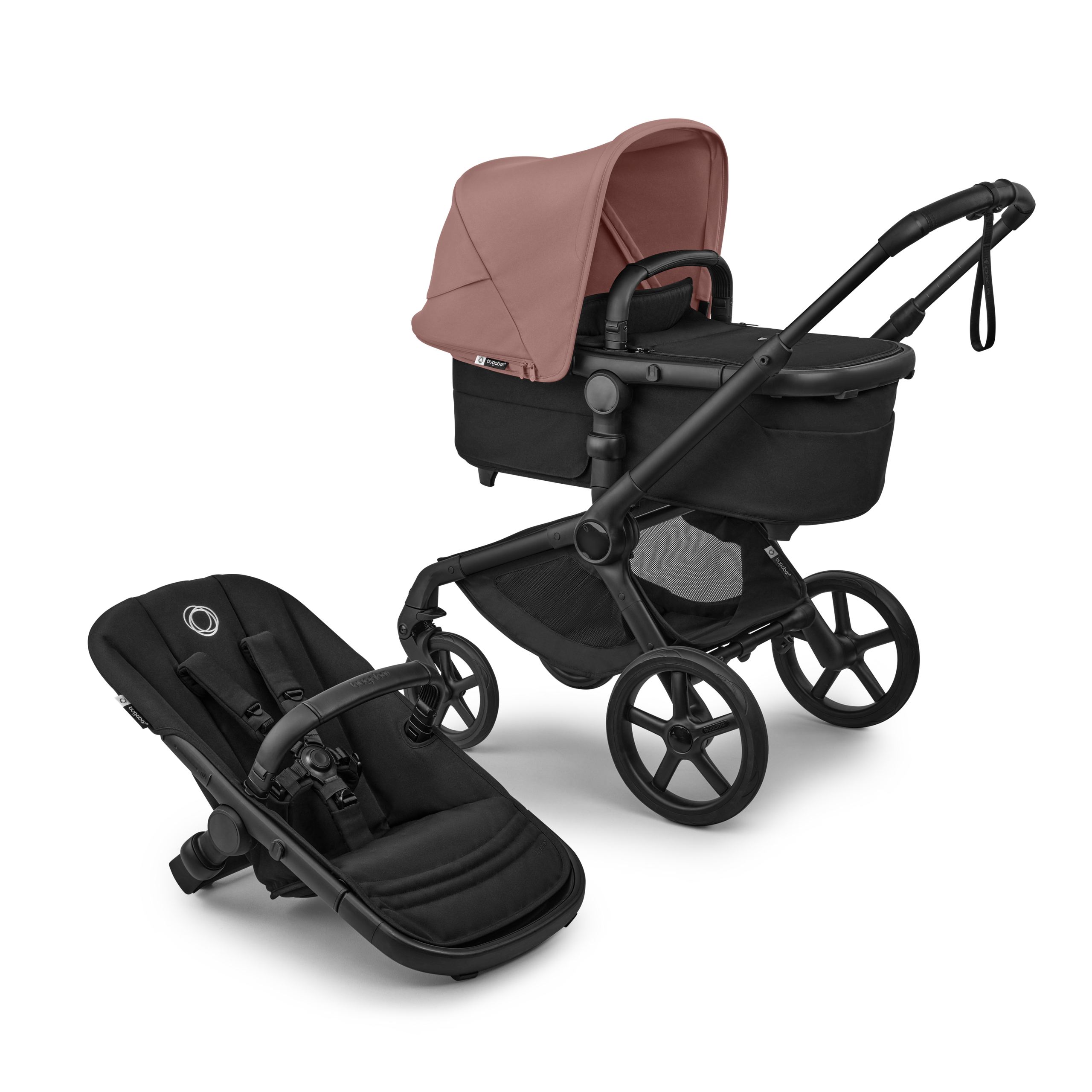 Bugaboo Fox 5 Renew 2-in-1 stroller black base, heritage black fabrics, dusty pink sun canopy - Thumbnail Slide 1 of 12