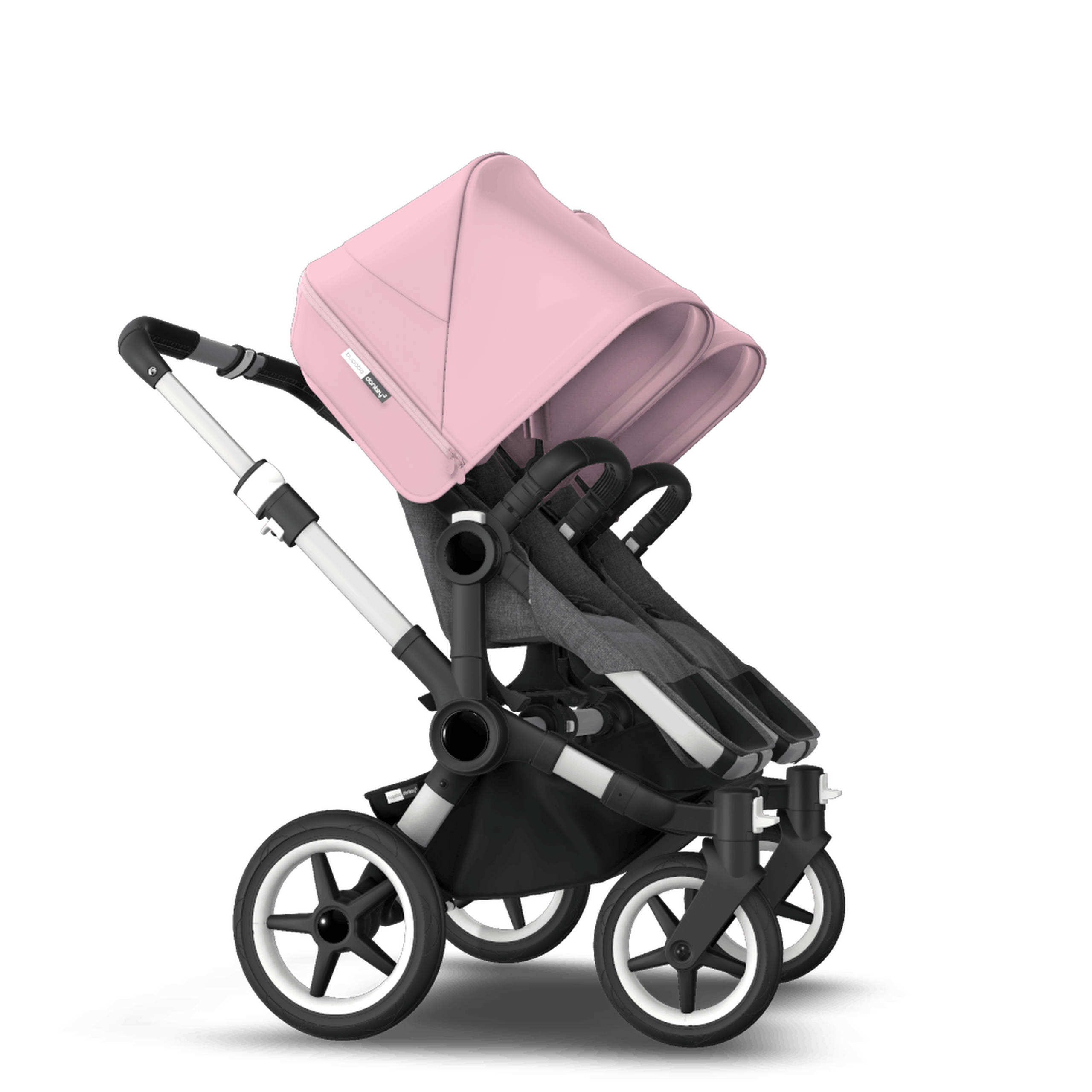 Bugaboo Donkey 3 Twin seat and carrycot pushchair soft pink sun canopy, grey melange fabrics, aluminium base - Thumbnail Slide 8 of 9