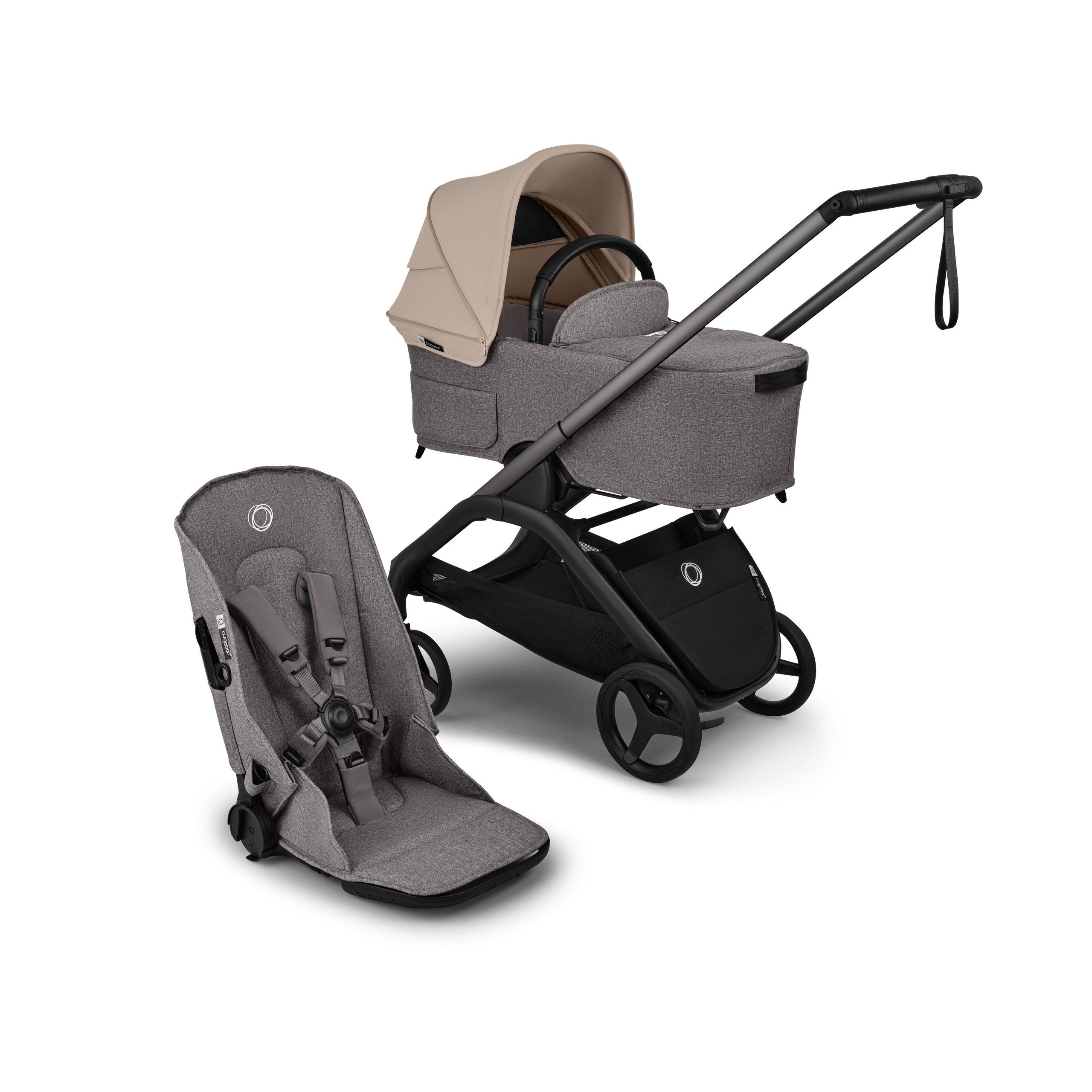Bugaboo Dragonfly Plus 2-in-1 stroller graphite base, grey melange fabrics, desert taupe sun canopy - Thumbnail Slide 1 of 11