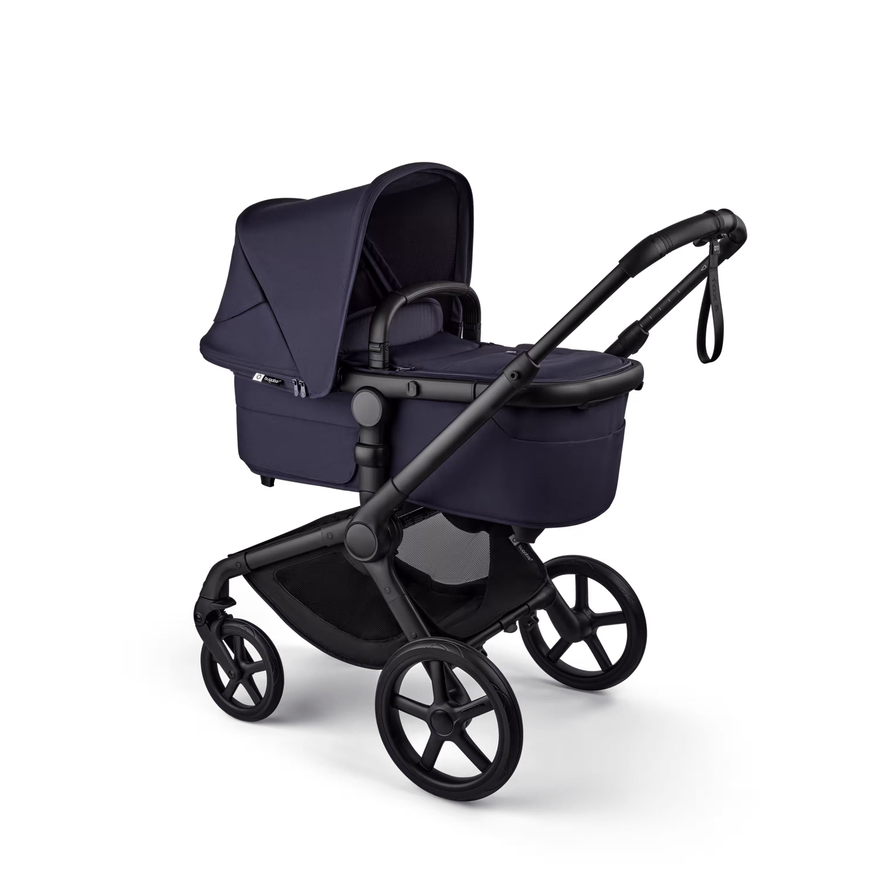 Bugaboo Fox 5 Renew carrycot baby pushchair, with black chassis, Deep Indigo fabrics, and Deep Indigo sun canopy. - Main Modal Image Slide 2 of 12