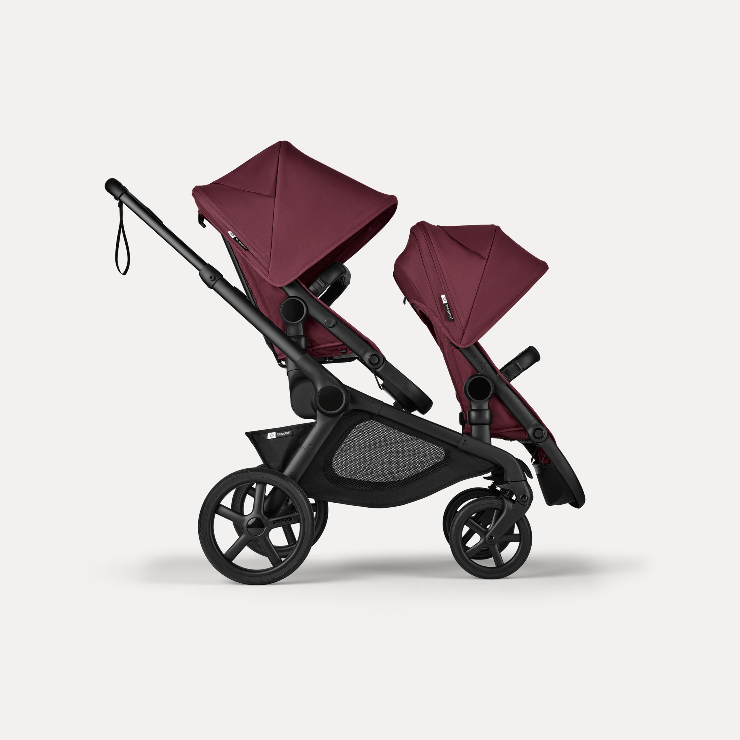 Bugaboo Kangaroo 2-in-1 tandem stroller with two seats, with Dark Cherry fabrics and Dark Cherry sun canopies. - Main Modal Image Slide 1 of 18