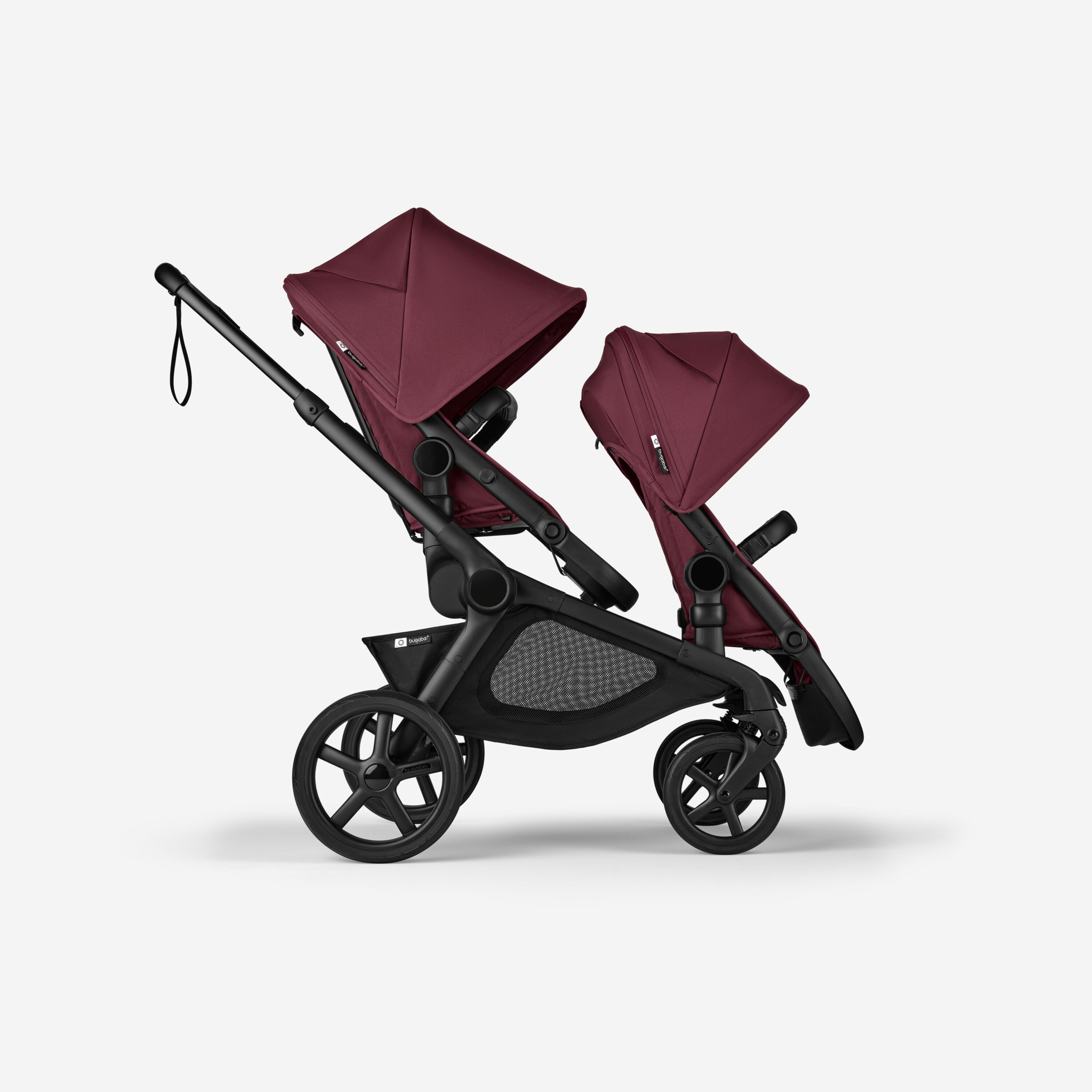 Bugaboo Kangaroo 2-in-1 tandem stroller with two seats, with Dark Cherry fabrics and Dark Cherry sun canopies. - Main Modal Image Slide 1 of 18