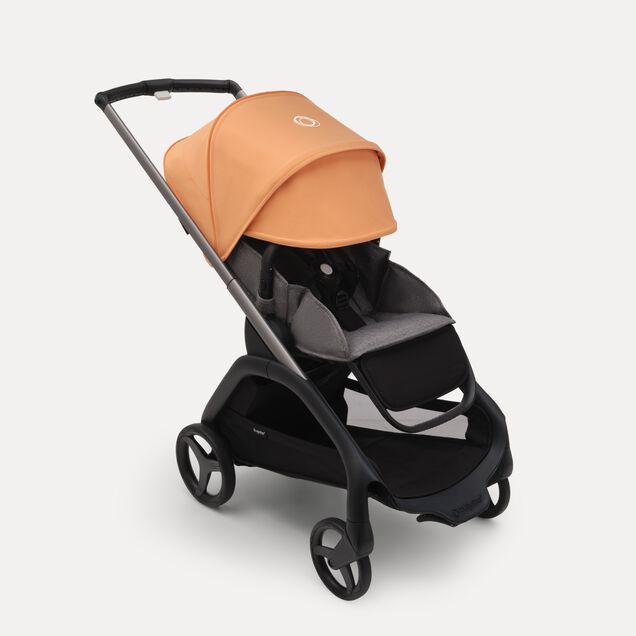 Bugaboo Dragonfly kinderwagen met stoel met graphite onderstel, grey melange bekleding en island coral zonnekap. De zonnekap is volledig uitgeschoven. - Main Image Slide 3 van 16