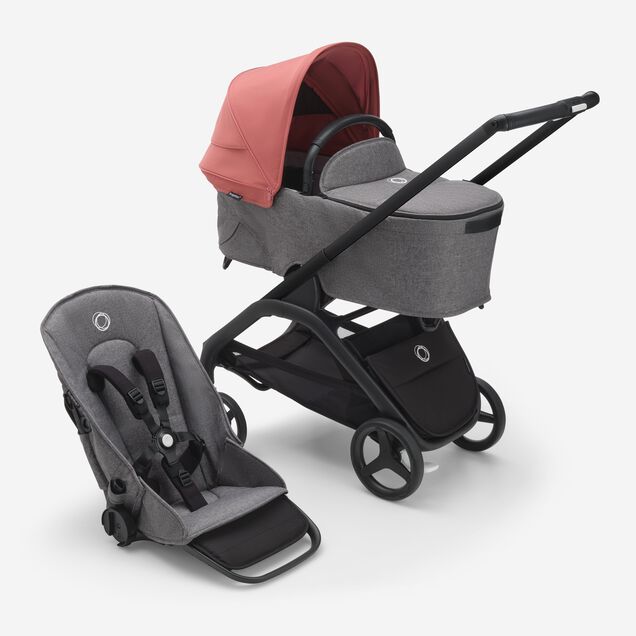 Refurbished Bugaboo Dragonfly bassinet and seat stroller black base, grey melange fabrics, sunrise red sun canopy - Main Image Slide 1 of 2