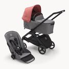 Refurbished Bugaboo Dragonfly bassinet and seat stroller black base, grey melange fabrics, sunrise red sun canopy