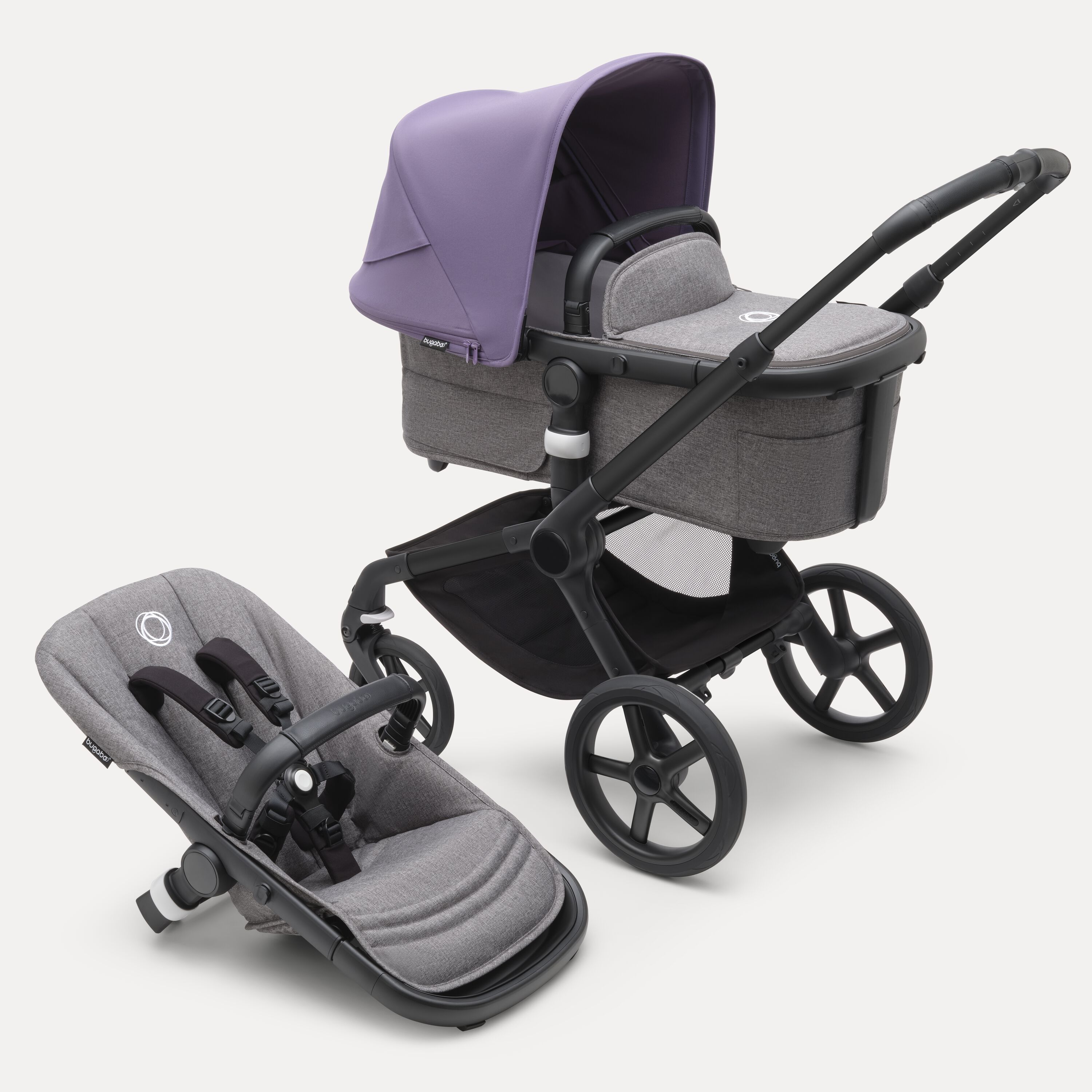 Bugaboo Fox 5 2-in-1 stroller black base, grey melange fabrics, astro purple sun canopy - Main Modal Image Slide 1 of 12