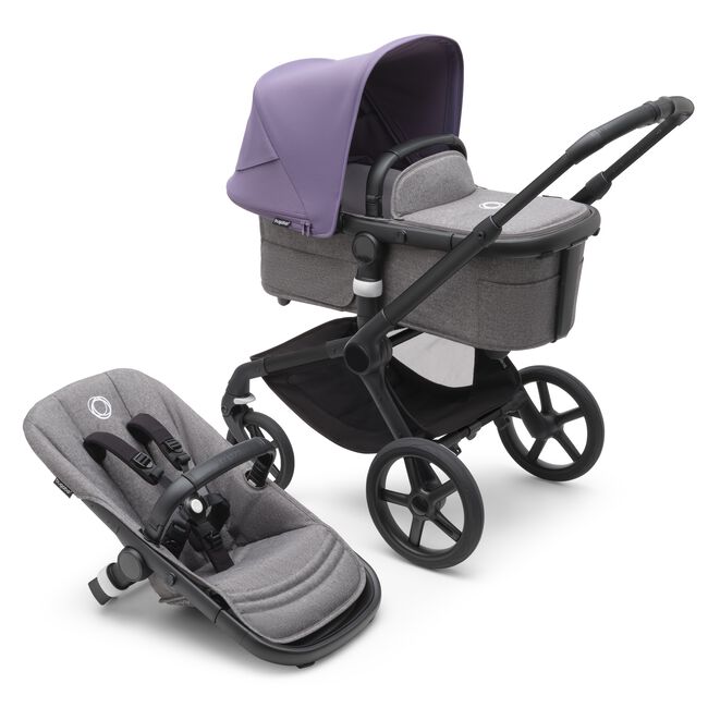 Bugaboo Fox 5 bassinet and seat stroller black base, grey melange fabrics, astro purple sun canopy - Main Image Slide 1 of 14