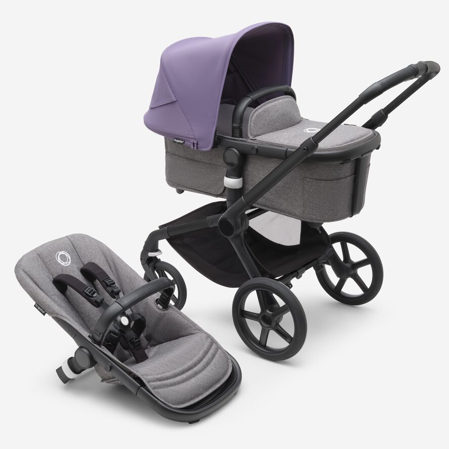 Bugaboo Fox 5 bassinet and seat stroller black base, grey melange fabrics, astro purple sun canopy