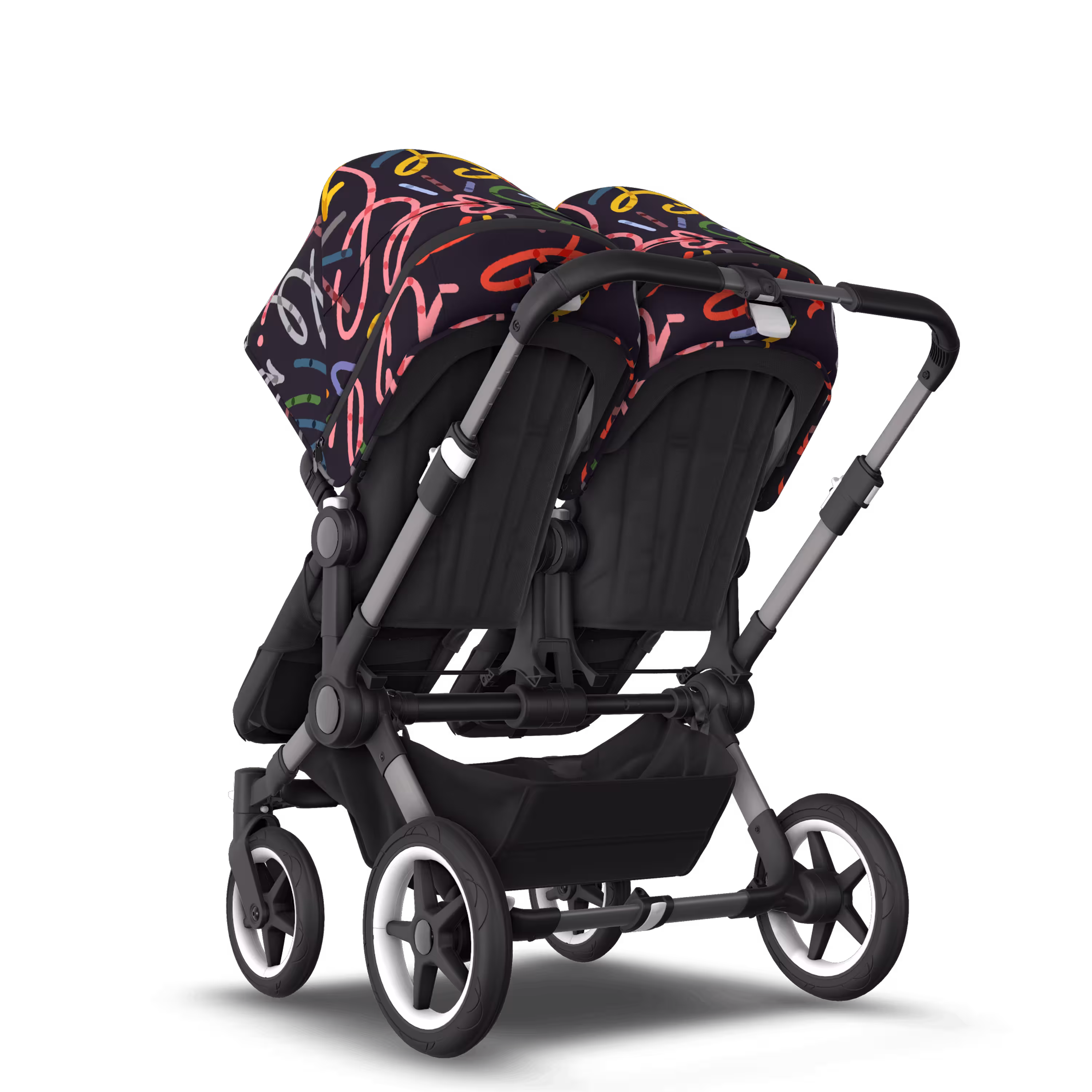 Bugaboo Donkey 5 twin stroller graphite base, midnight black fabrics, art of discovery dark blue sun canopy - Main Modal Image Slide 3 of 12