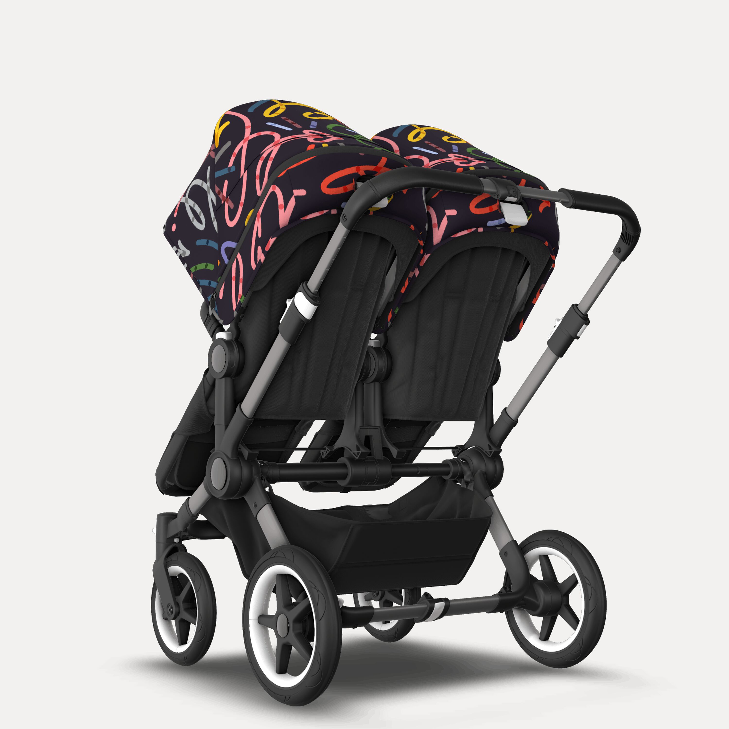 Bugaboo Donkey 5 twin stroller graphite base, midnight black fabrics, art of discovery dark blue sun canopy - Main Modal Image Slide 3 of 12