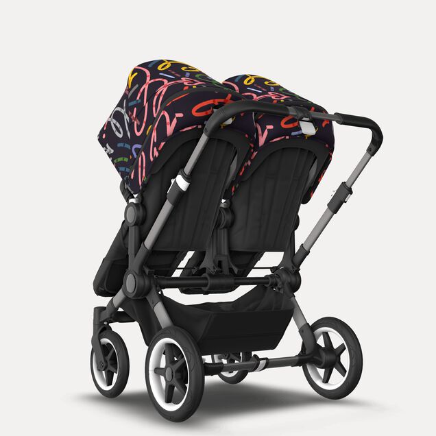 Bugaboo Donkey 5 twin stroller graphite base, midnight black fabrics, art of discovery dark blue sun canopy - Main Image Slide 3 of 12