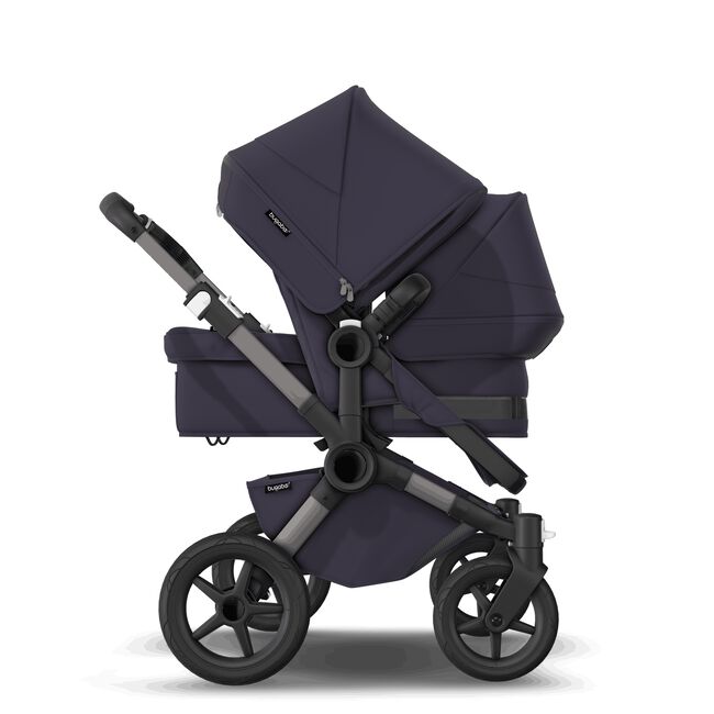 Bugaboo Donkey 5 Duo bassinet and seat stroller graphite base, classic collection dark navy fabrics, classic collection dark navy sun canopy