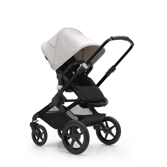 Bugaboo Fox 3 seat stroller with black frame, black fabrics, and white sun canopy.