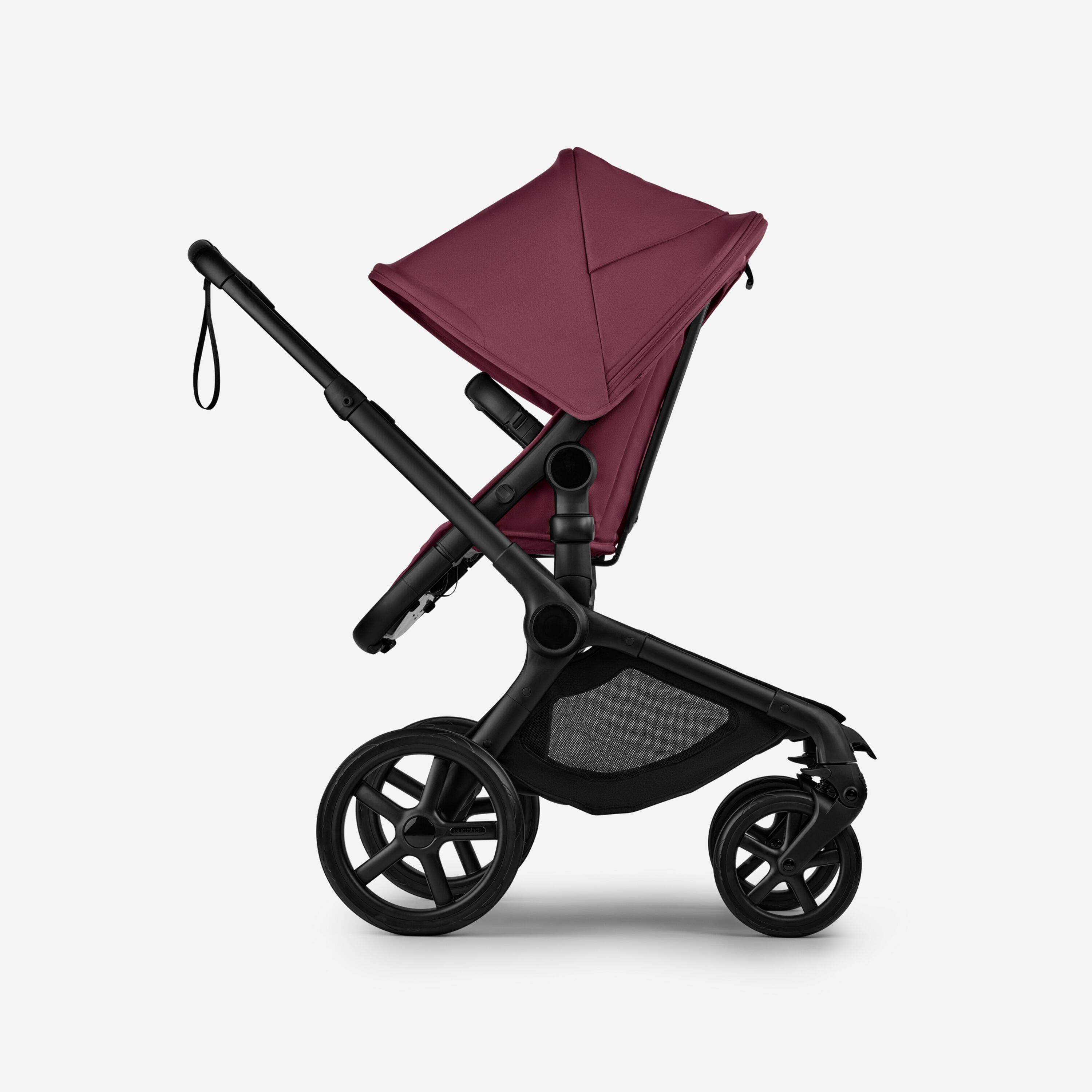 Bugaboo Fox 5 Renew seat stroller, with black chassis, Dark Cherry fabrics, and Dark Cherry sun canopy. - Main Modal Image Slide 3 of 12
