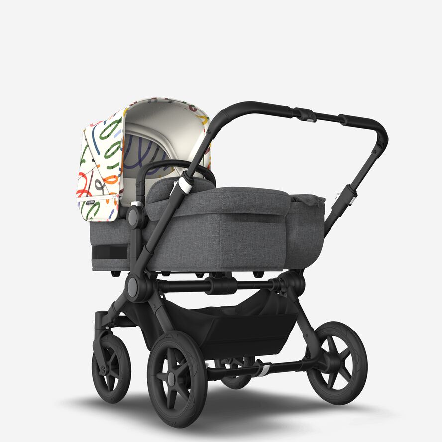 Bugaboo Donkey 5 Mono bassinet and seat stroller black base, grey mélange fabrics, art of discovery white sun canopy