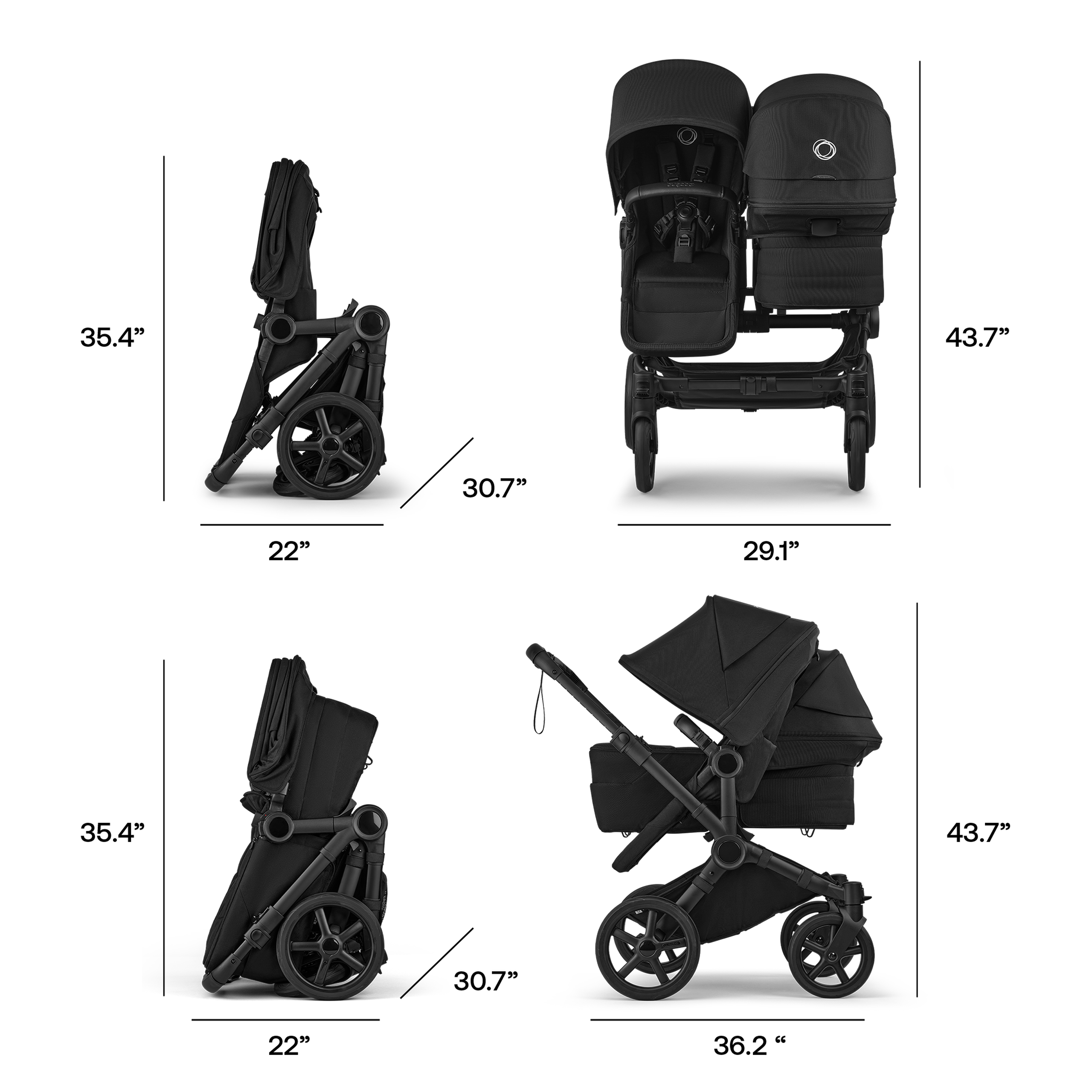 Bugaboo Donkey 6 double stroller black base, heritage black fabrics, heritage black sun canopy - Thumbnail Slide 7 of 9