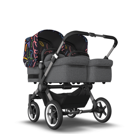 Bugaboo Donkey 5 Twin bassinet and seat stroller graphite base, grey mélange fabrics, art of discovery dark blue sun canopy