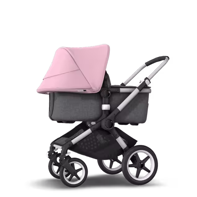Bugaboo Fox 2 seat and carrycot pushchair soft pink sun canopy, grey melange fabrics, aluminium base - Main Image Slide 2 of 10