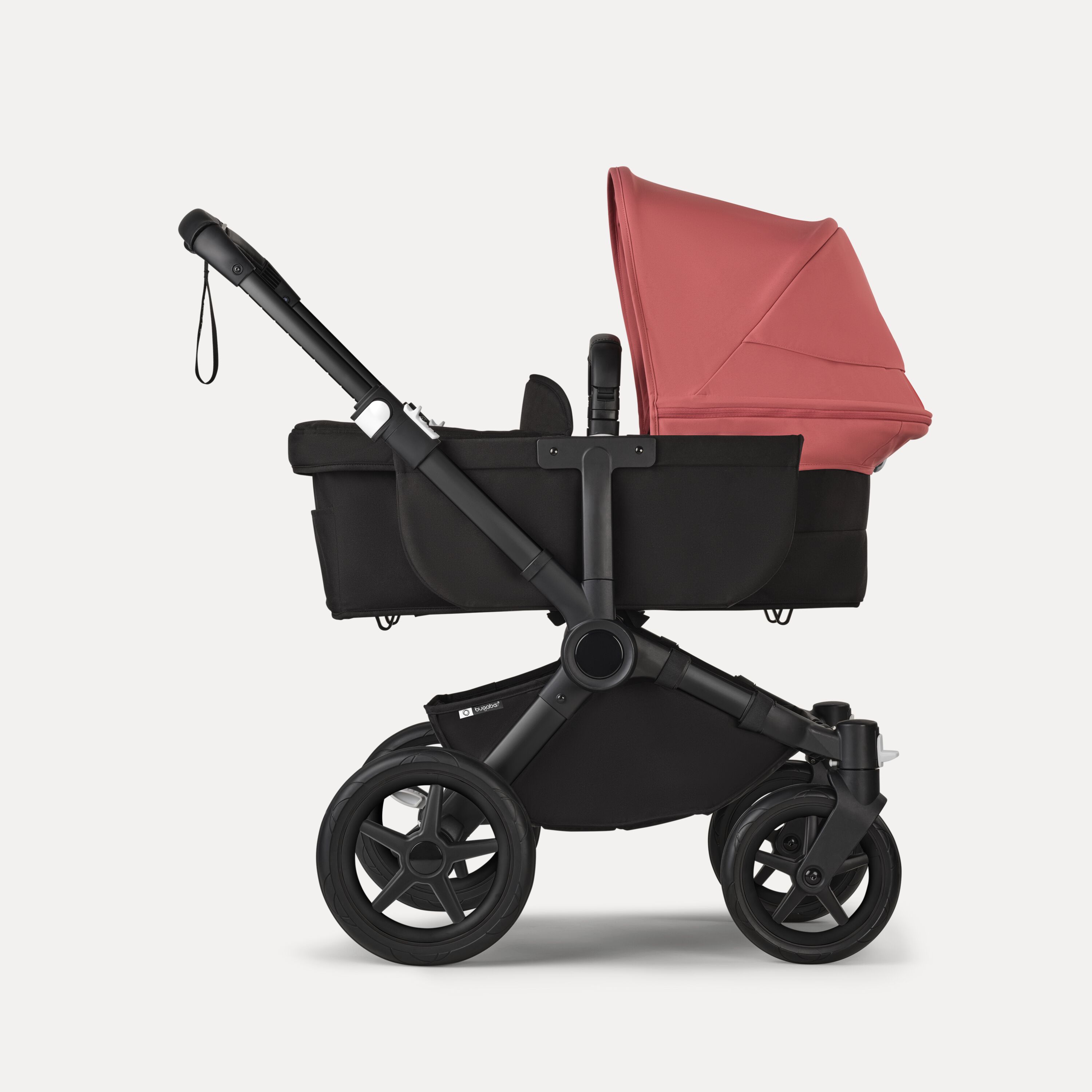 Refurbished Bugaboo Donkey 5 Mono bassinet and seat stroller black base, midnight black fabrics, sunrise red sun canopy - Main Modal Image Slide 3 of 4