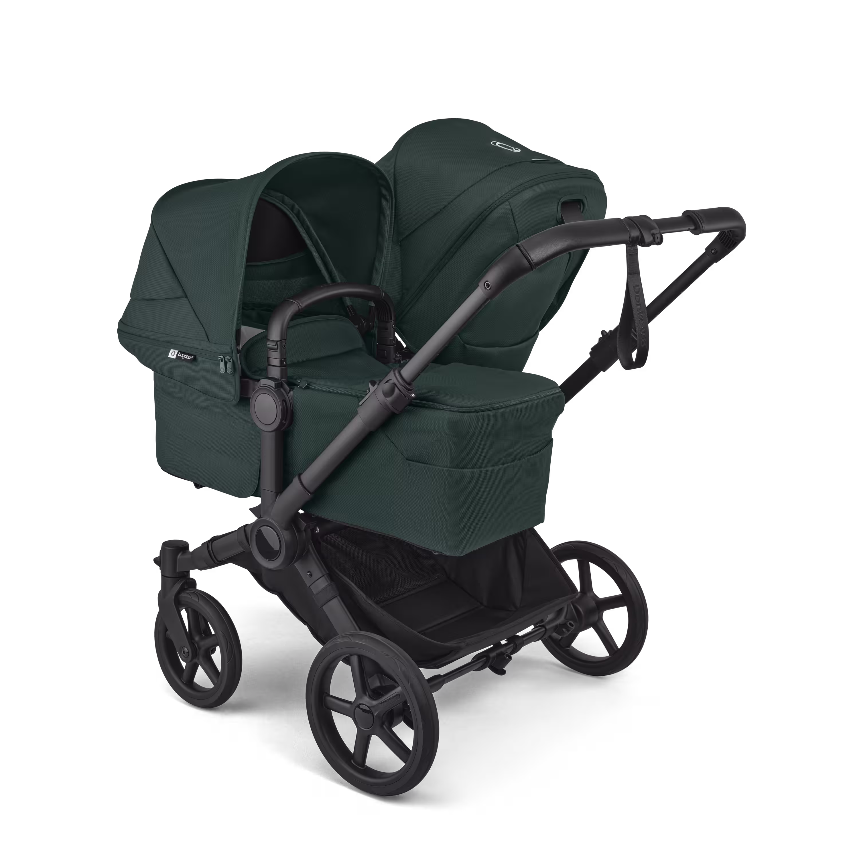 Bugaboo Donkey 6 double stroller black base, fern green fabrics, fern green sun canopy view 2 - Main Modal Image Slide 2 of 10