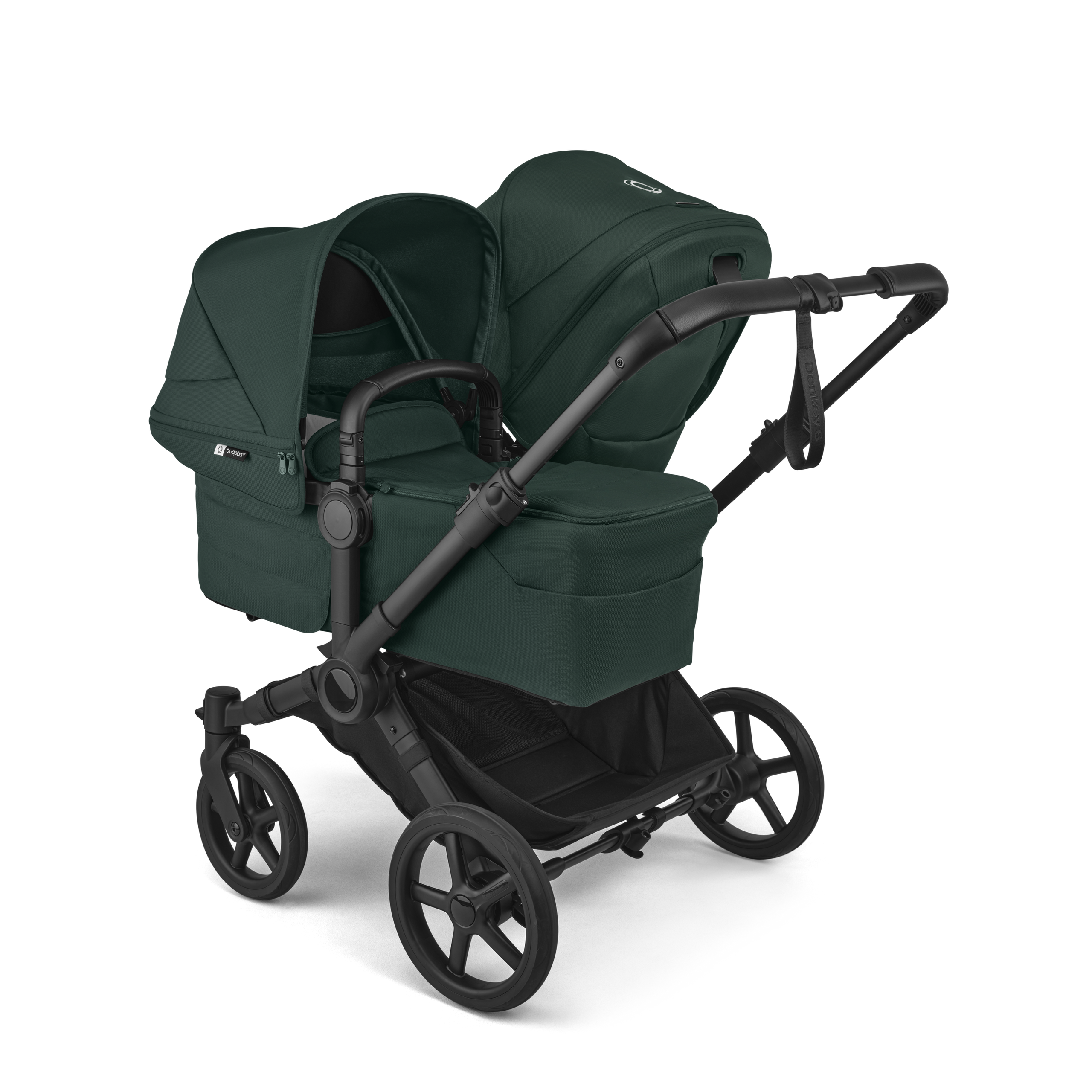 Bugaboo Donkey 6 double stroller black base, fern green fabrics, fern green sun canopy view 2 - Thumbnail Slide 2 of 10