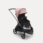 Passeggino Bugaboo Dragonfly con seduta e telaio graphite, tessuti midnight black e cappottina morning pink.