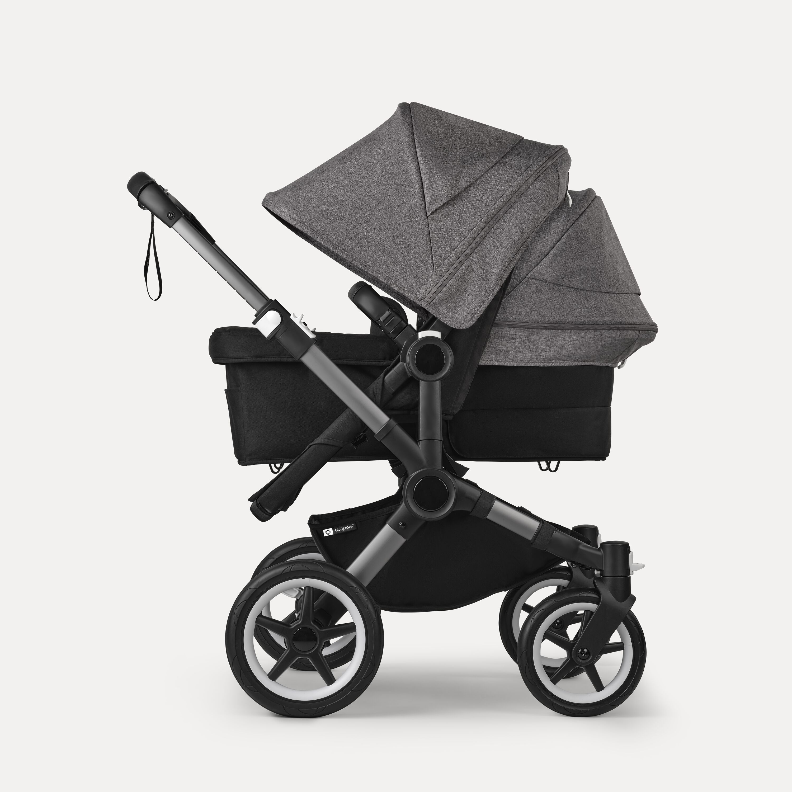 Bugaboo Donkey 5 Duo double stroller graphite base, midnight black fabrics, grey mélange sun canopy - Main Modal Image Slide 2 of 11