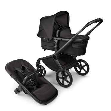 Bugaboo Fox 5 Noir Limited Edition bassinet and seat stroller, with Black Moonlight chassis, Black Moonlight fabrics, and Black Moonlight sun canopy.