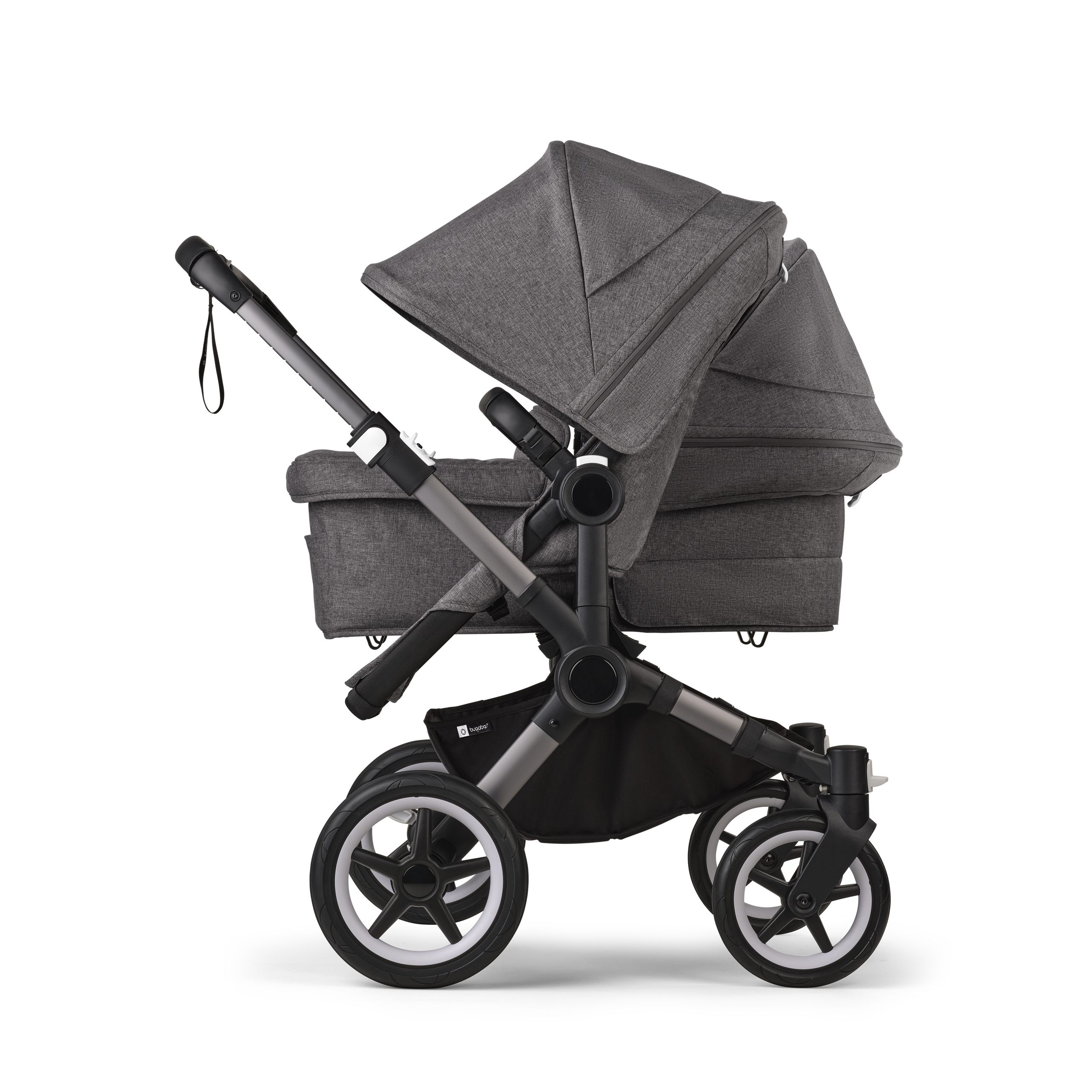 Bugaboo Donkey 5 Duo double stroller graphite base, grey mélange fabrics, grey mélange sun canopy - Thumbnail Slide 2 of 11