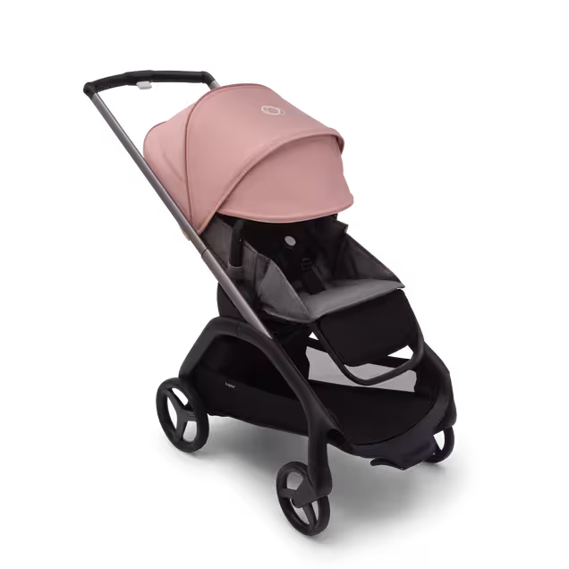 Passeggino Bugaboo Dragonfly con seduta e telaio graphite, tessuti grey melange e cappottina morning pink. La cappottina parasole è completamente estesa. - Main Image Slide 3 of 16