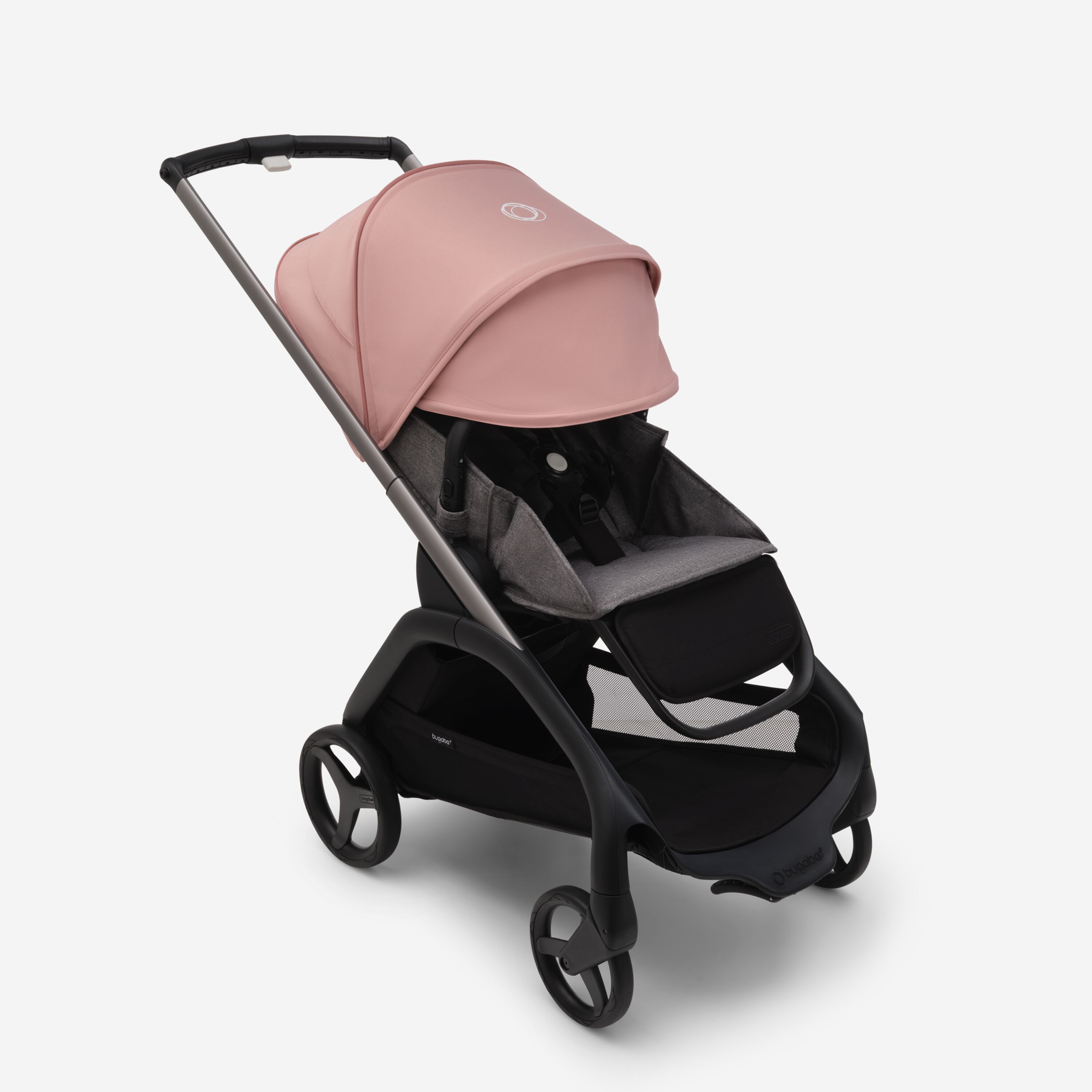 Bugaboo Dragonfly Sitz-Kinderwagen mit graphitgrauem Fahrgestell, grau meliertem Stoff und morgenrosa Sonnendach. Das Sonnendach ist vollständig ausgefahren. - Main Modal Image Slide 3 of 16
