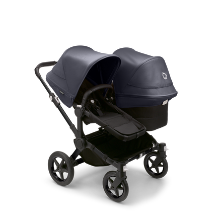 Bugaboo Donkey 5 Duo bassinet and seat stroller black base, midnight black fabrics, stormy blue sun canopy - view 1