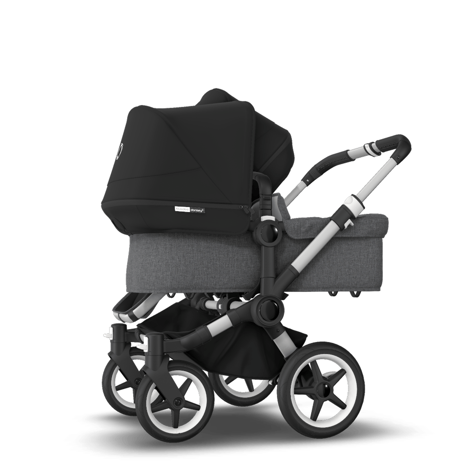 Bugaboo Donkey 3 Duo seat and carrycot pushchair black sun canopy, grey