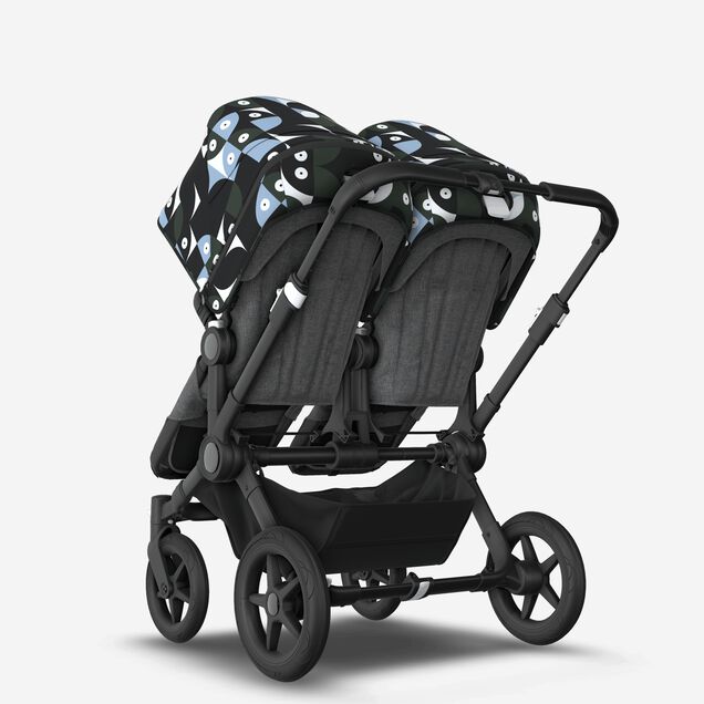 Bugaboo Donkey 5 twin stroller black base, grey mélange fabrics, animal explorer green/light blue sun canopy - Main Image Slide 3 of 12