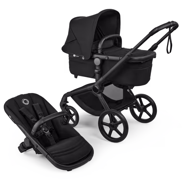 Bugaboo Fox 5 Renew carrycot and seat 2-in-1 pushchair, with black chassis, Heritage Black fabrics, and Heritage Black sun canopy. - Main Image Slide 3 of 10