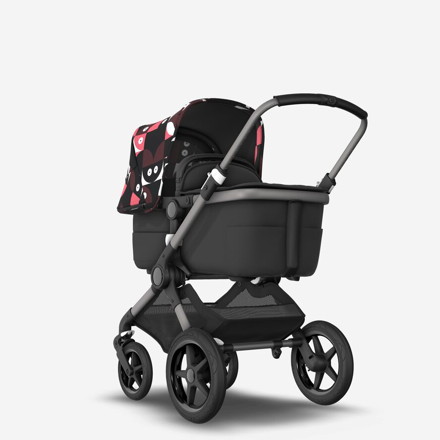 Bugaboo Fox 3 bassinet and seat stroller black base, midnight black fabrics, animal explorer pink/red sun canopy