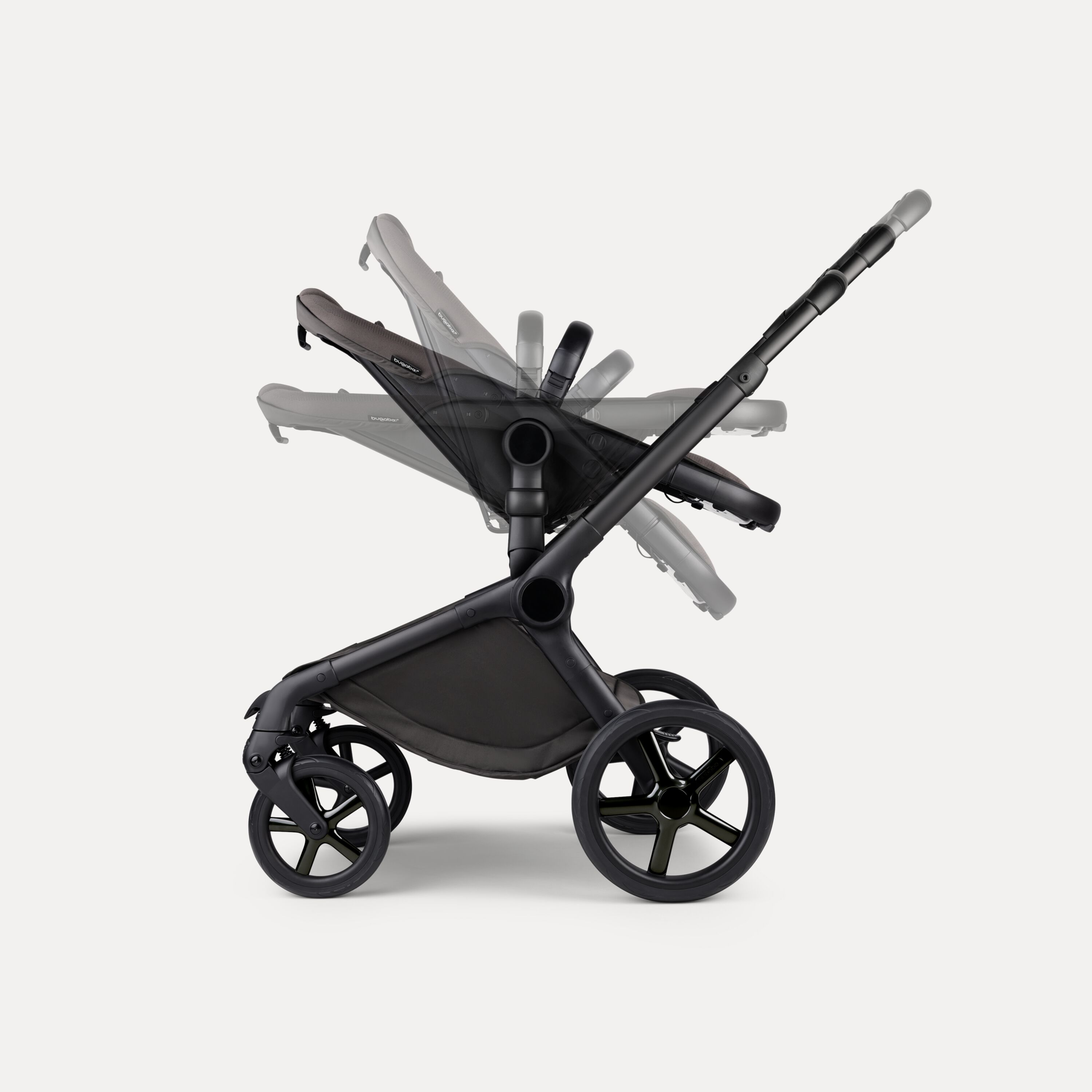 A graphic showing the multiple reclinable seat positions on the Bugaboo Fox 5 Noir Limited Edition. - Main Modal Image Slide 9 of 15