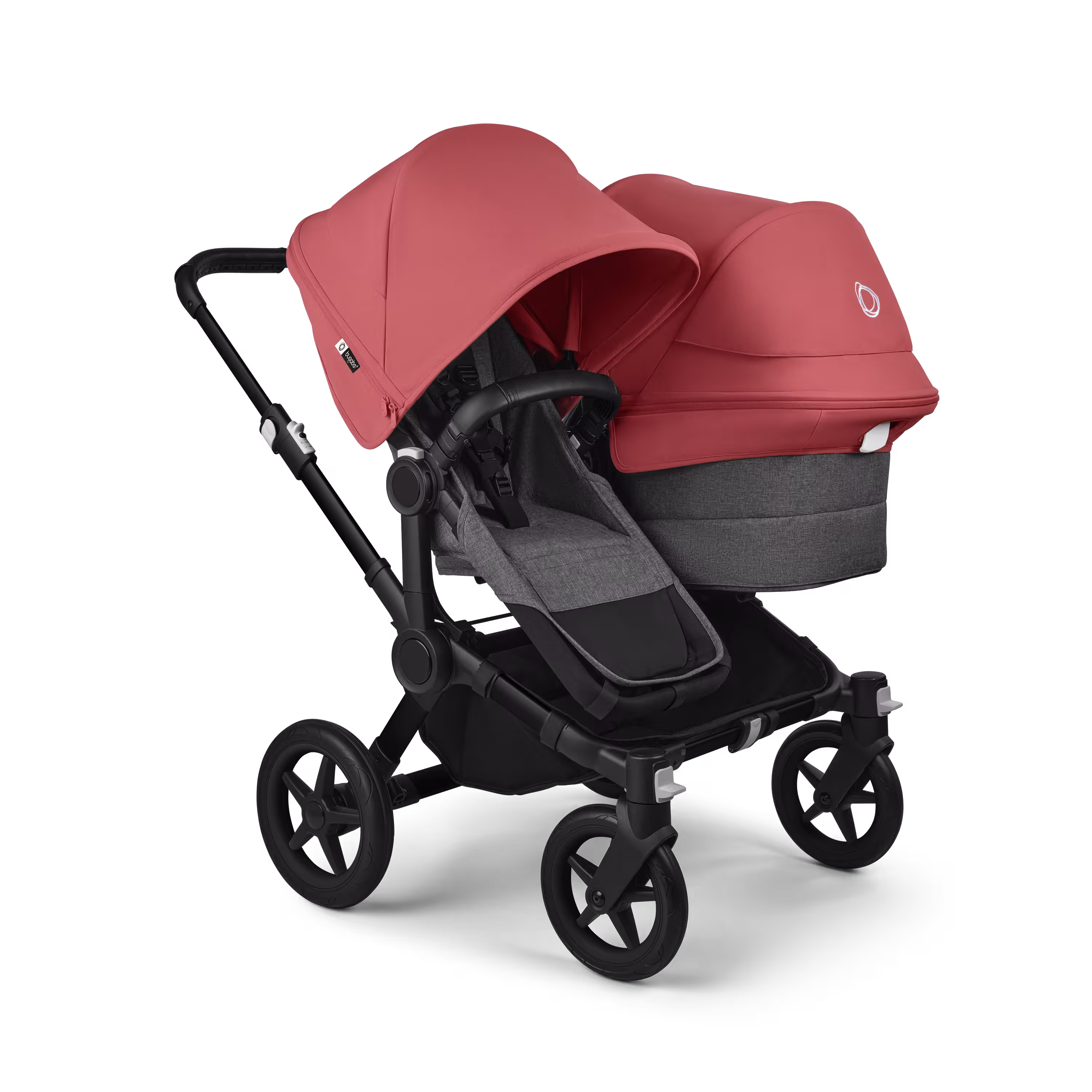 Bugaboo Donkey 5 Duo double stroller black base, grey mélange fabrics, sunrise red sun canopy - Main Modal Image Slide 1 of 11