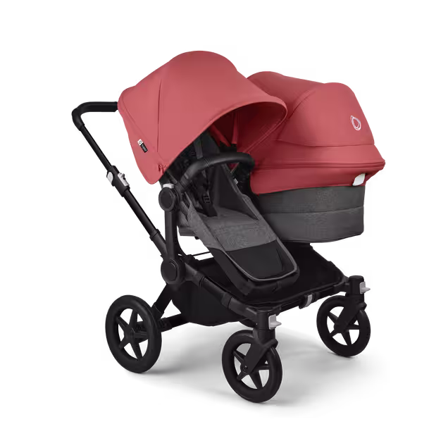 Bugaboo Donkey 5 Duo double stroller black base, grey mélange fabrics, sunrise red sun canopy - Main Image Slide 1 of 11