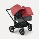 Bugaboo Donkey 5 Duo double stroller black base, grey mélange fabrics, sunrise red sun canopy