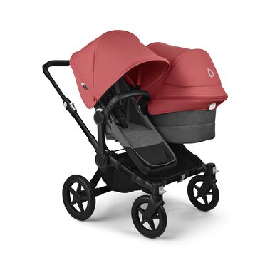 Bugaboo Donkey 5 Duo double stroller black base, grey mélange fabrics, sunrise red sun canopy