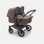 Bugaboo Donkey 5 twin stroller black base, mineral taupe fabrics, mineral taupe sun canopy
