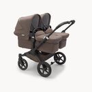 Bugaboo Donkey 5 twin stroller black base, mineral taupe fabrics, mineral taupe sun canopy