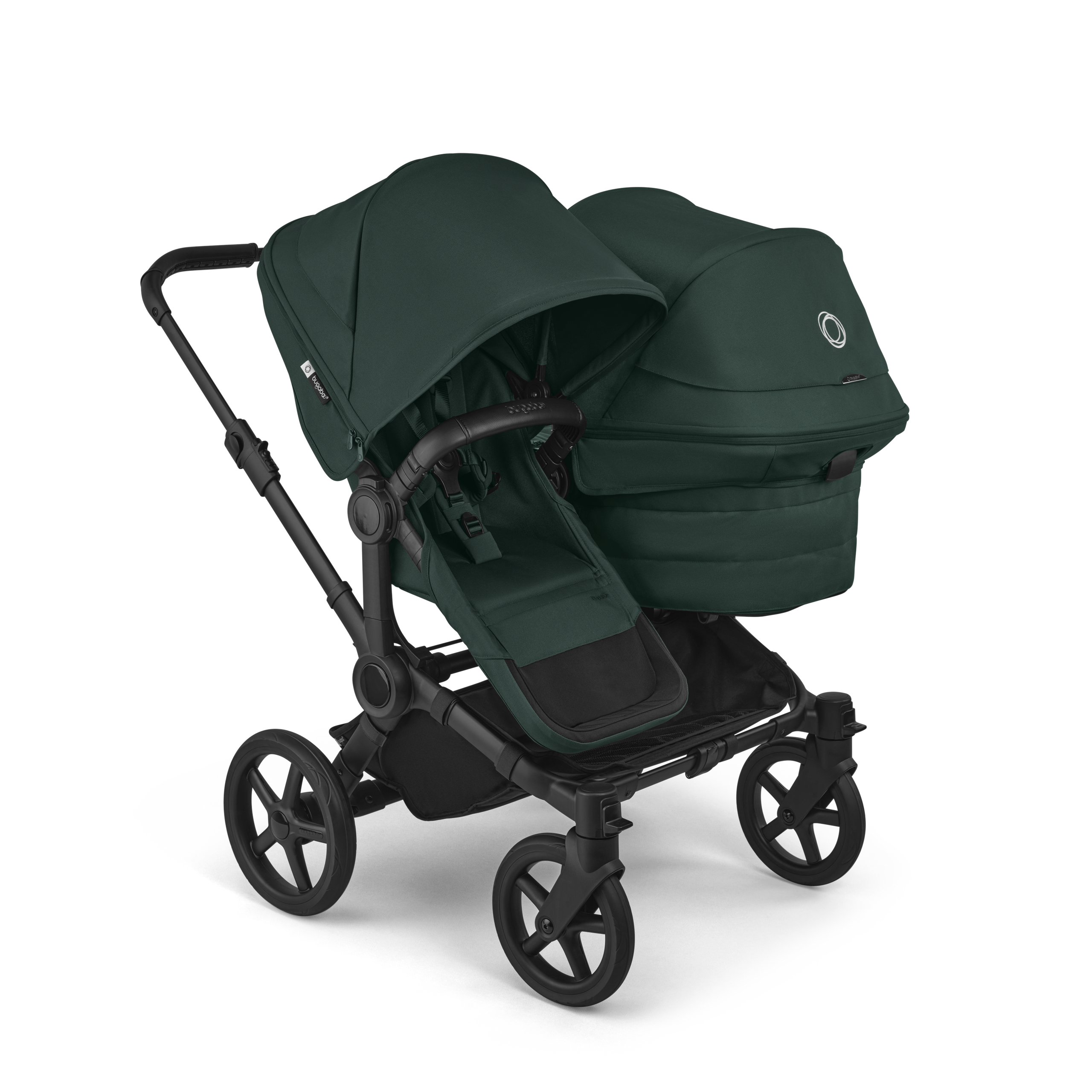 Bugaboo Donkey 6 double stroller black base, fern green fabrics, fern green sun canopy view 1 - Thumbnail Slide 2 of 7