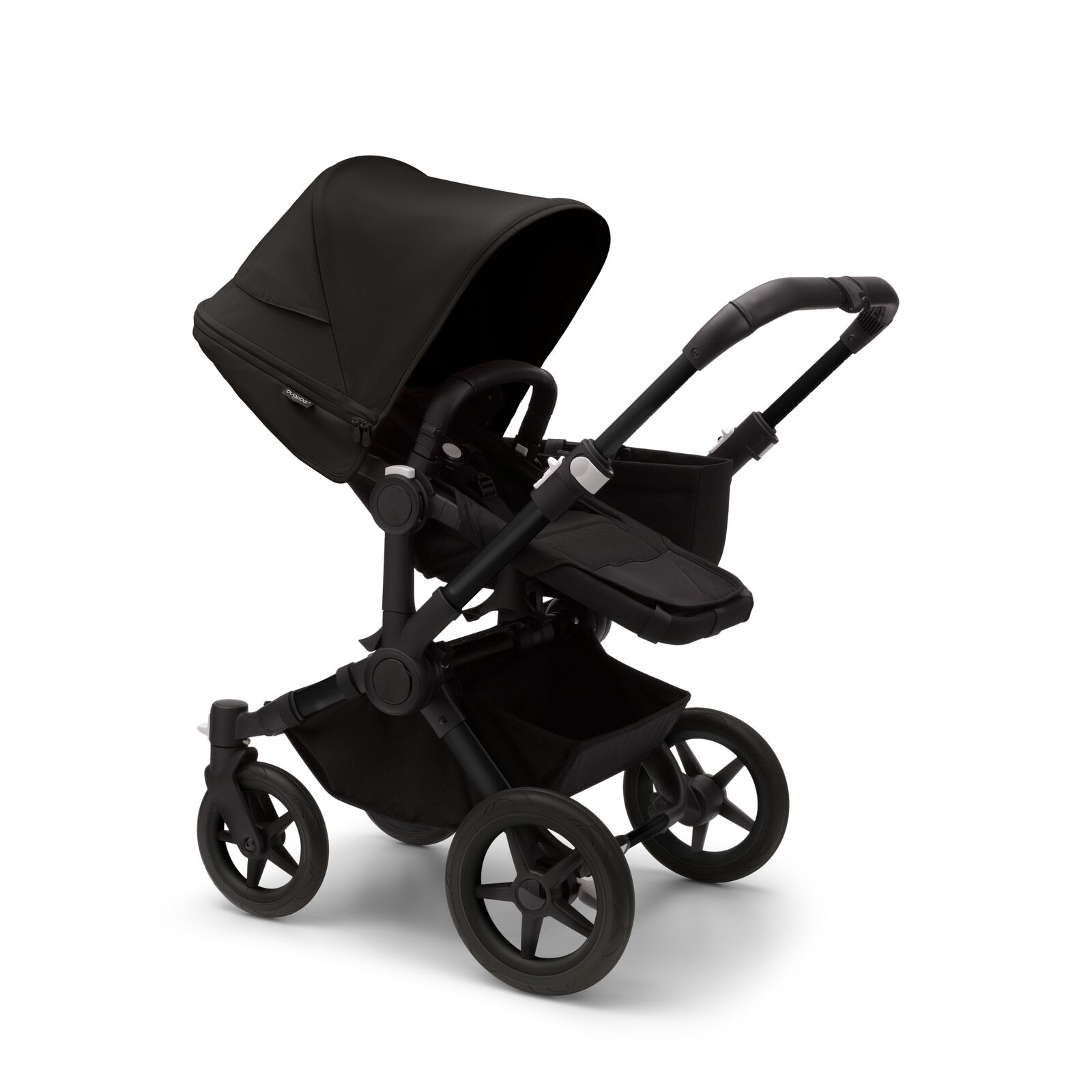Bugaboo Donkey 5 Mono seat stroller with black chassis, midnight black fabrics and midnight black sun canopy.