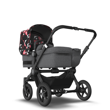Bugaboo Donkey 5 Mono bassinet and seat stroller black base, grey mélange fabrics, animal explorer pink/ red sun canopy - view 1