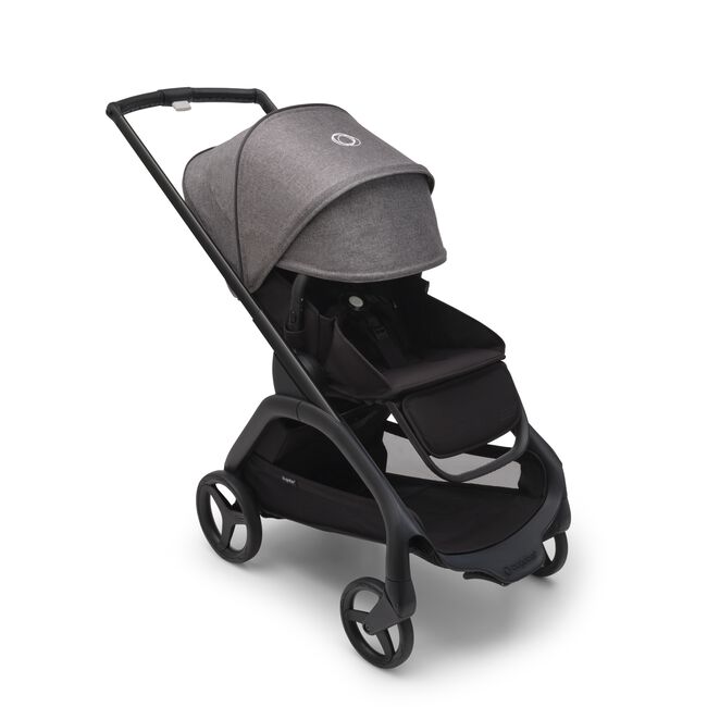 Bugaboo Dragonfly seat stroller with black chassis, midnight black fabrics and grey melange sun canopy. The sun canopy is fully extended.