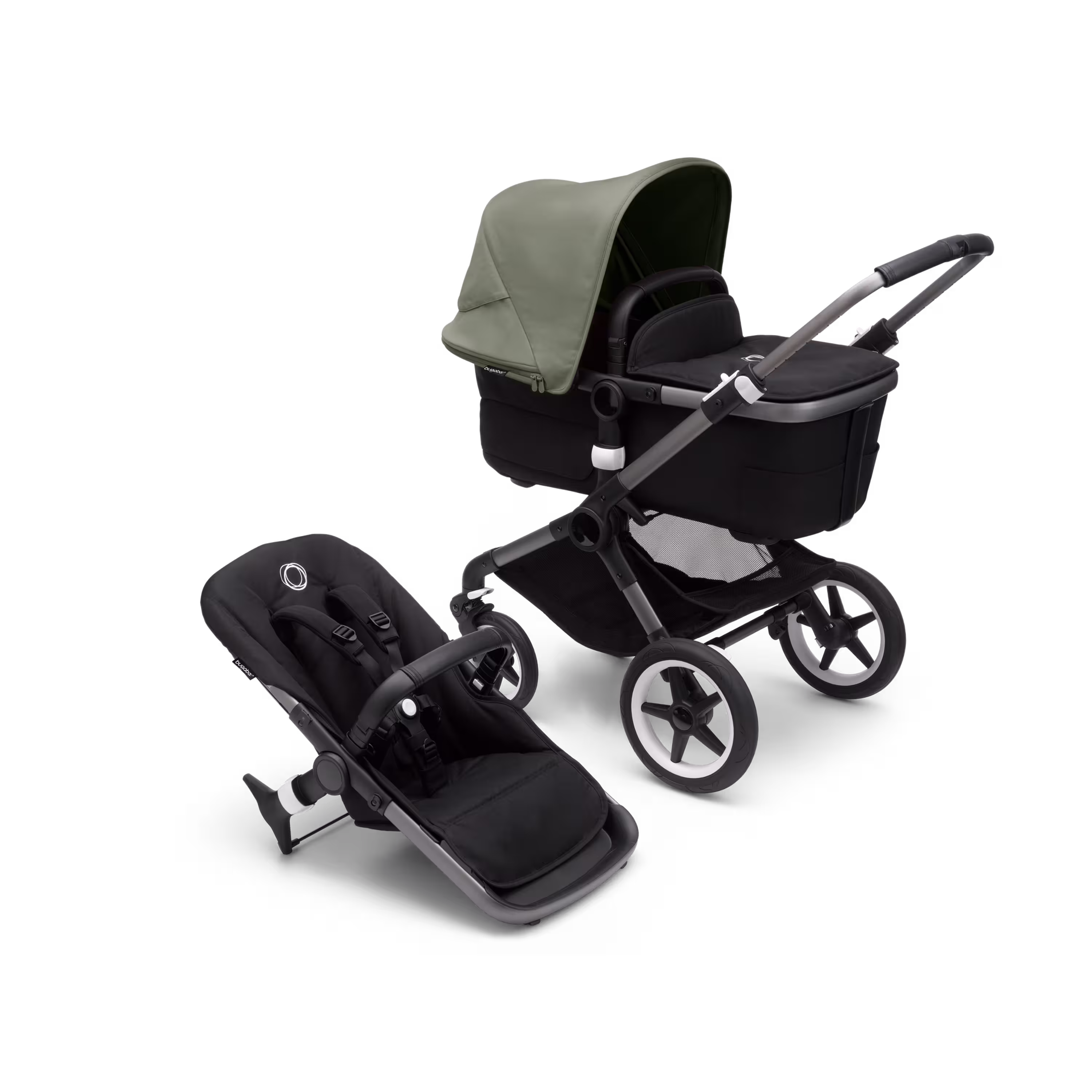 Bugaboo Fox 3 bassinet and seat stroller graphite base, midnight black fabrics, forest green sun canopy - Main Modal Image Slide 1 of 7